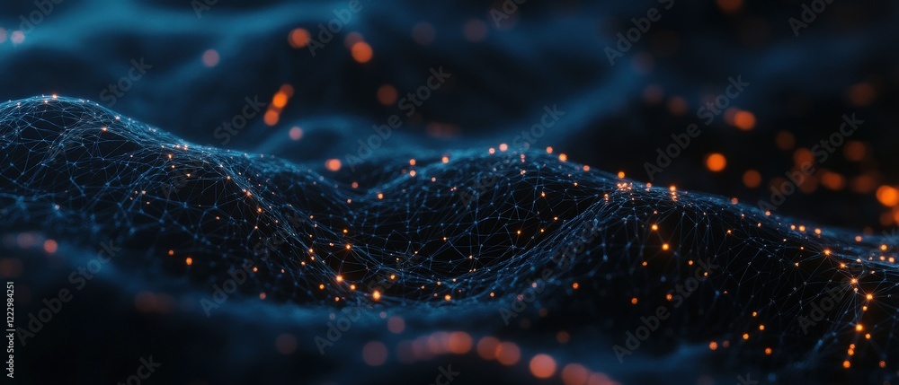 Poster digital landscape with glowing particles, abstract background texture resembling waves of light in d