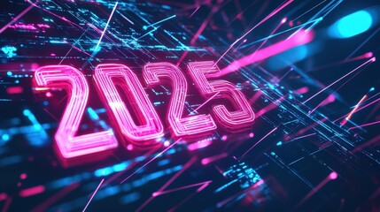 Digital neon representation of the year 2025 with futuristic effects and vibrant colors, symbolizing technology, progress, and innovation in modern society.
