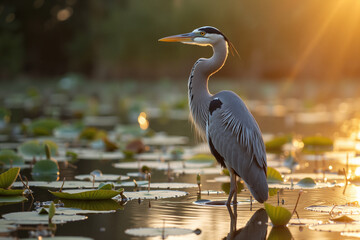 Heron standing in shallow water at sunset with lily pads