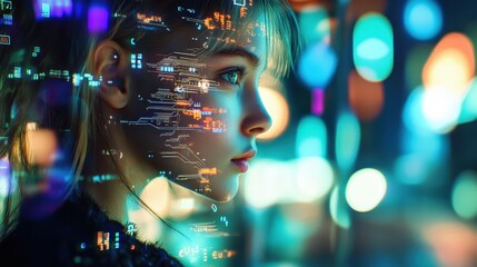 Digital portrait of woman with technology overlay in vibrant colors, representing innovation, data analysis, and the future of artificial intelligence in modern society.
