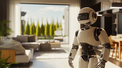 A family humanoid robot assisting in daily chores, home environment with futuristic interior design, Household Robotics style