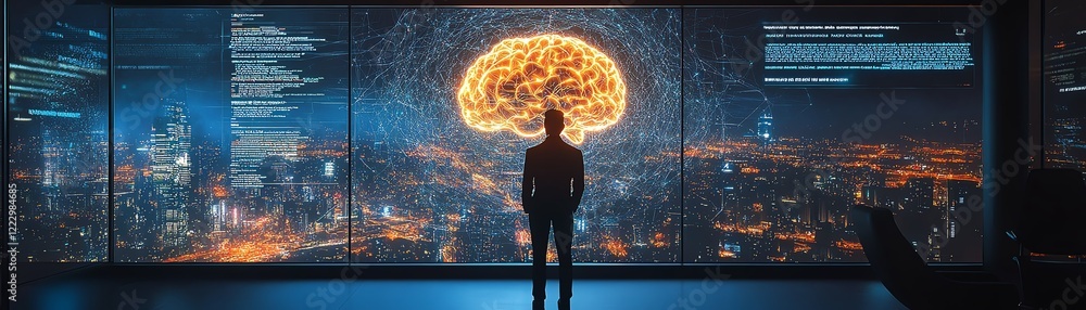 Poster man in hightech office interacting with a neural network hologram