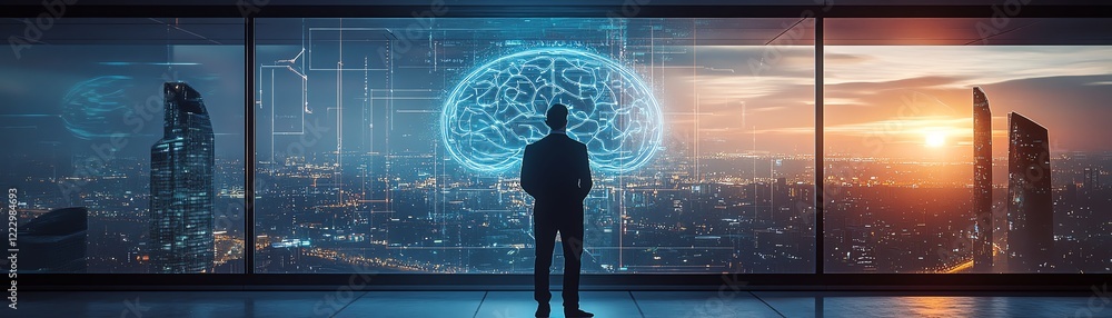 Poster man in hightech office interacting with a neural network hologram