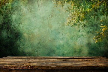 Rustic wooden table in front of a textured green backdrop with soft foliage, ideal for nature-themed displays