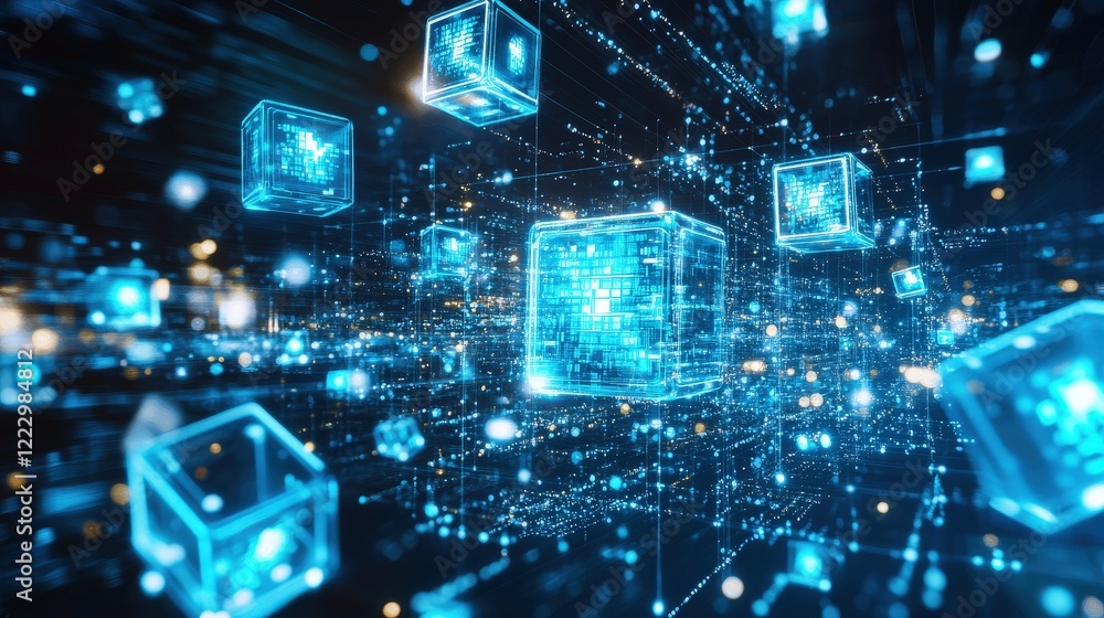Poster digital technology with glowing blue cubes in a futuristic network, representing data processing, bl