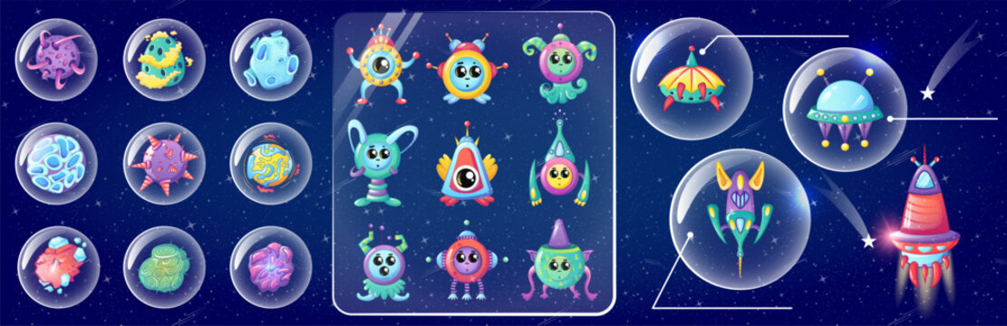 A collection of playful alien characters enclosed in bubbles, showcasing different colors and designs against a starry cosmic backdrop. Each character has a unique appearance and expression.