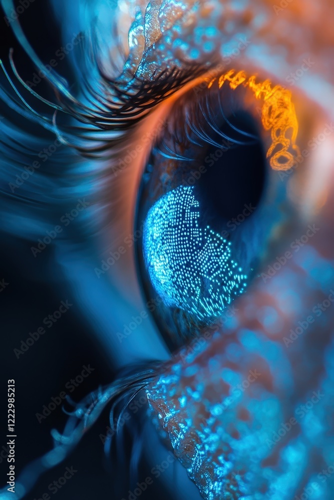 Poster eye with digital patterns, reflecting technology and data visualization concept. close-up of iris fe