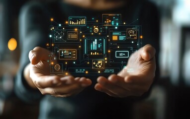 Futuristic hands holding a virtual global banking system with digital payment icons and currency symbols, fintech revolution concept, ultracrisp details, cinematic depth, HDR