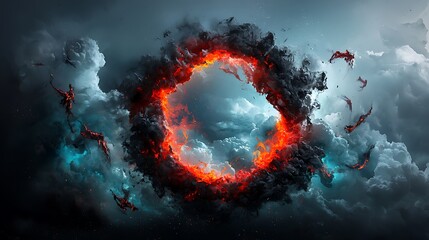 Fiery ring in stormy sky, apocalyptic scene, fantasy art, game background