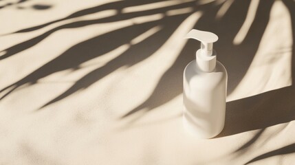 Minimalist white pump bottle on beige background with plant shadows