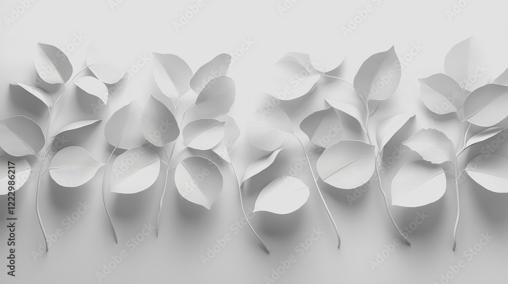 Poster white leaves arranged on a gray background displaying natural textures and patterns in a minimalist 