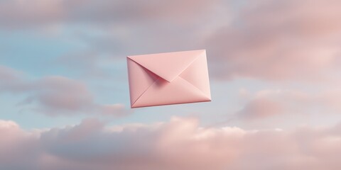 Pink Envelope Floating Against Soft Cloud Background