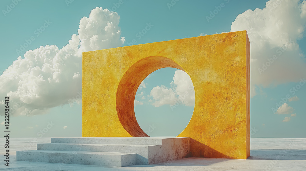 Poster yellow square shaped object positioned in the center of a larger white square on a plain background