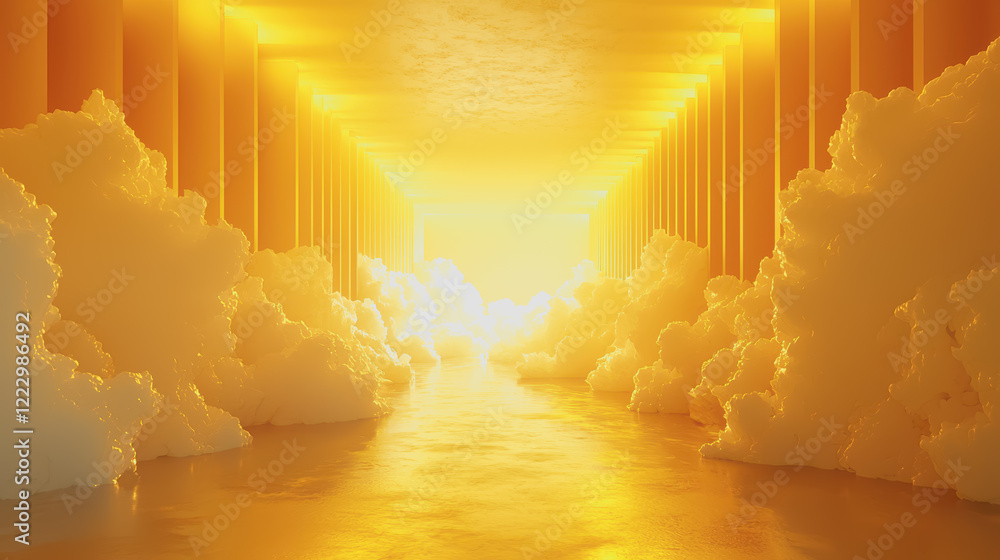 Poster long hallway with a cloud-filled ceiling creating a surreal atmosphere with light streaming through 