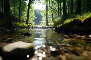 Tranquil forest stream, mossy rocks, lush greenery, immersive low angle perspective, serene atmosphere, gentle water flow, vibrant ecosystem
