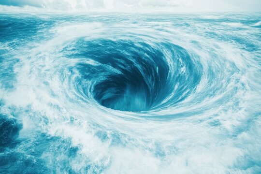Whirlpool in ocean creating powerful swirling vortex