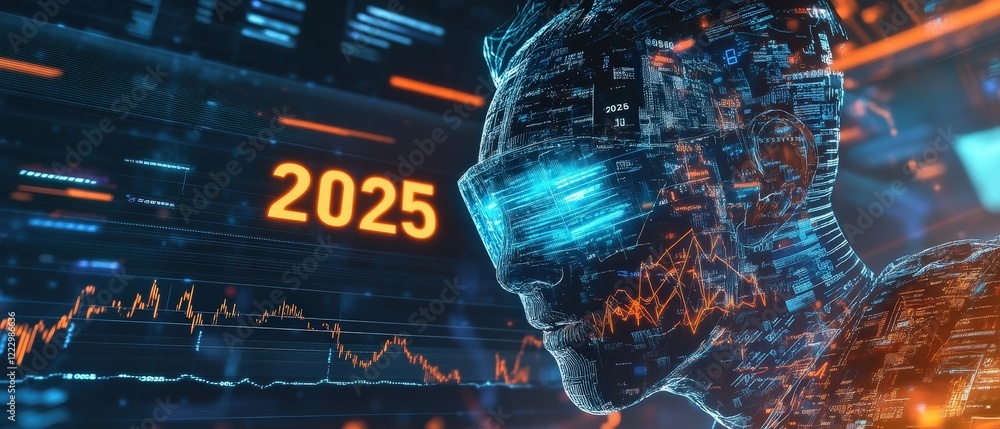 Poster futuristic digital representation of a human face with glowing features, showcasing advanced ai and 