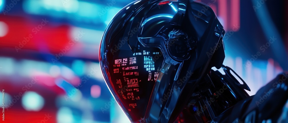Poster futuristic robot with digital interface in urban setting, showcasing advanced technology and artific