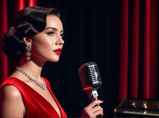 Vintage glamour captures a beautiful woman in an elegant red dress singing with a classic microphone on stage