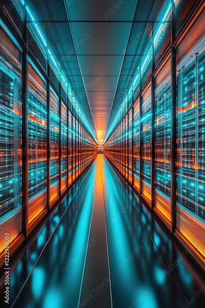 Poster data center interior with rows of servers illuminated in blue and orange light. technology infrastru