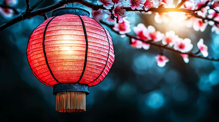 Fototapeta premium Red Lantern Hanging on Cherry Blossom Tree: Asian Lantern Festival