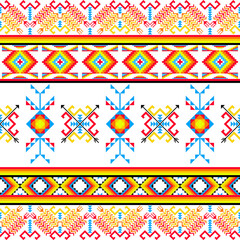 a vibrant geometric pattern inspired by traditional tribal designs. It uses red, yellow, blue, and black colors, with symmetrical shapes like diamonds, arrows, zigzags. Vector ethnic Navajo seamless.