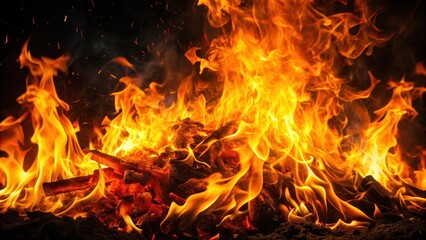 Intense fire flames engulfing a dark background with warm orange hues and flickering embers, orange, black,  orange, black