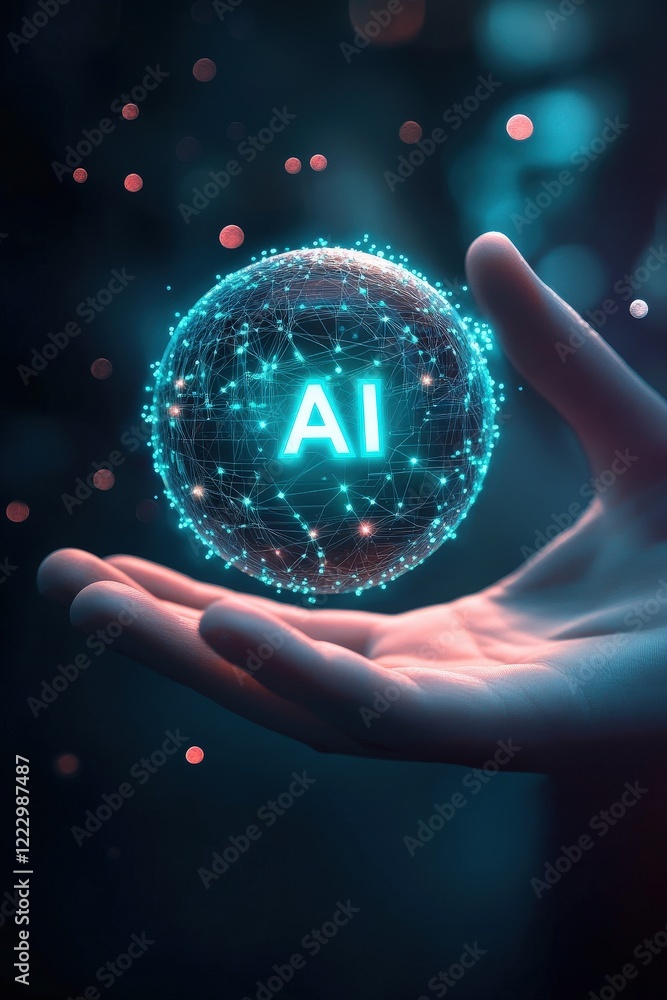 Aufkleber hand holding a glowing sphere with ai text, representing artificial intelligence technology, future 