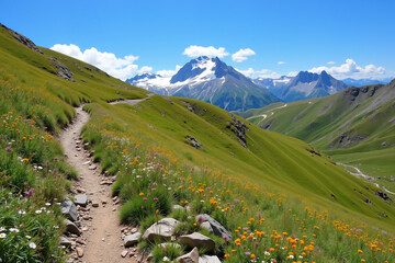 Rugged mountain trail through alpine meadows leading to snow-capped peak