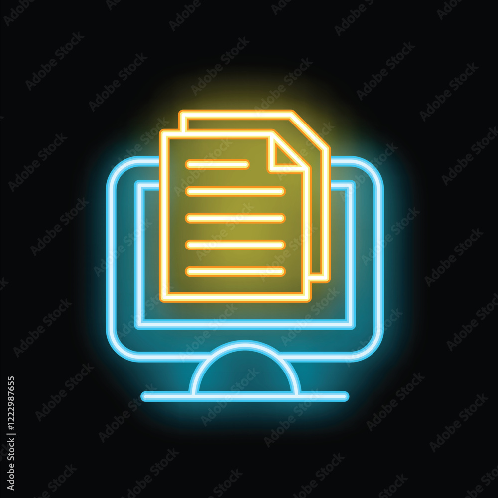 Poster neon icon of a computer screen displaying digital documents, representing online document management