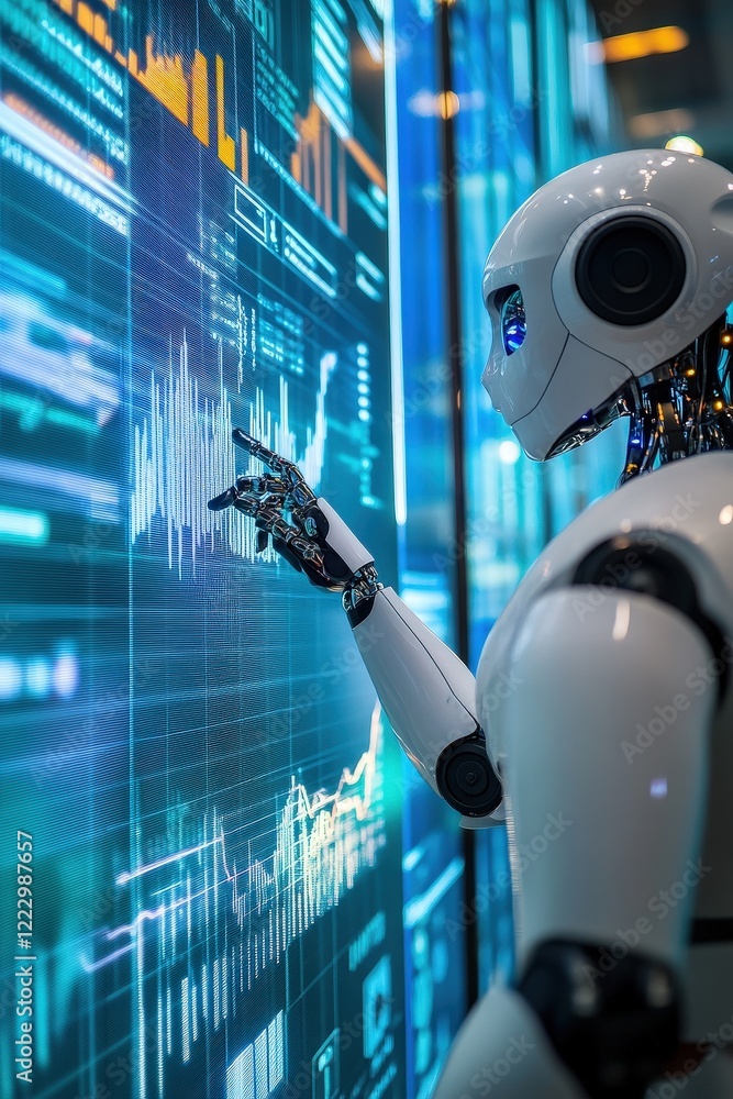 Poster robot interacting with financial data on a digital screen in a futuristic setting. technology, analy