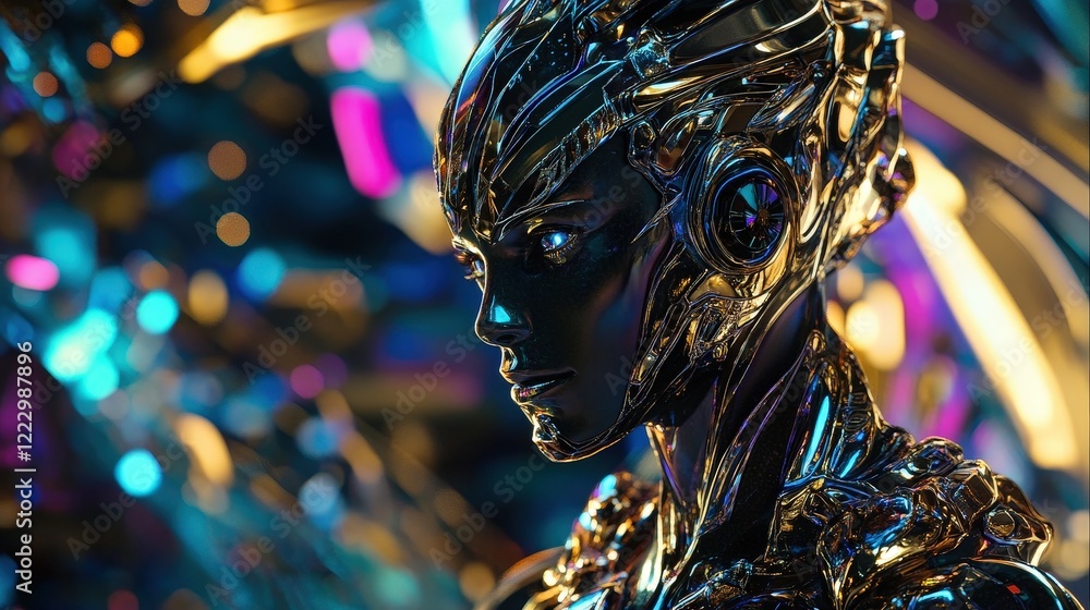Poster robot, futuristic technology and artificial intelligence concept with glowing metallic features in a