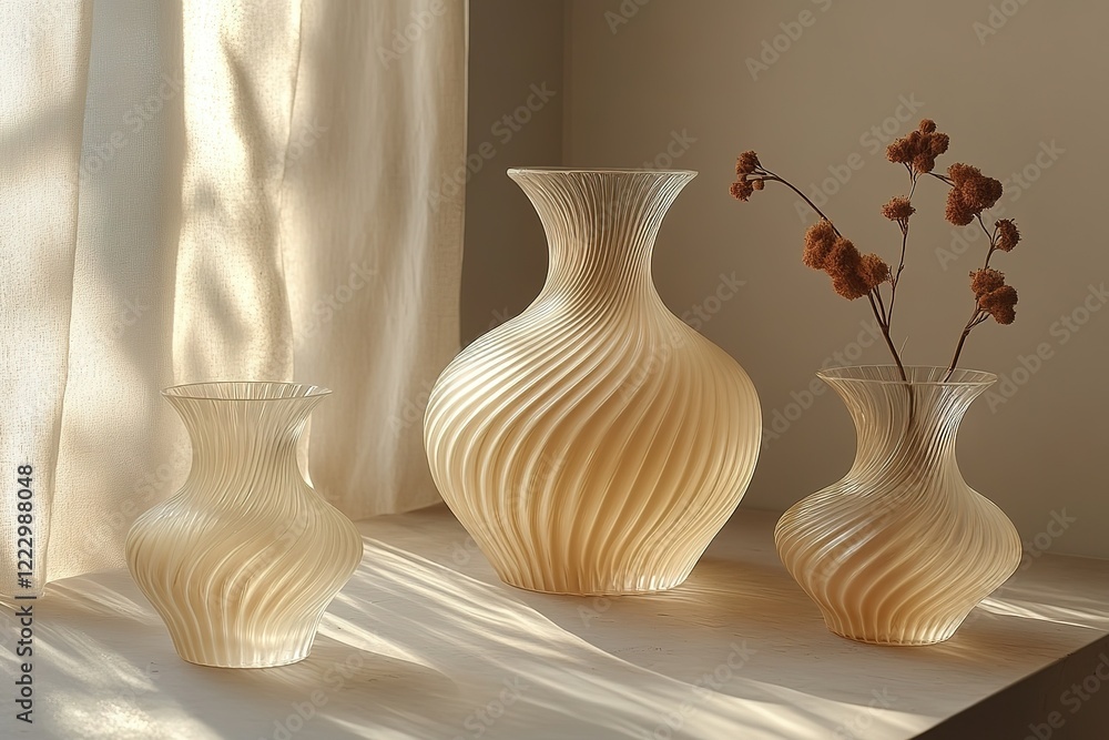 Poster three elegant swirl-patterned vases of varying sizes sit on a light surface bathed in soft sunlight