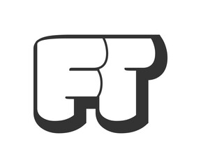 FT logo, bubble comic lettering, rounded in graffiti style black and white silhouette. Trendy preschool F and T letter text for festival party, personal initials, children funky print and web.
