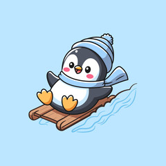 A cute and happy cartoon penguin sledding down a snowy hill, wearing a winter hat and scarf. This illustration represents winter fun, holidays, and cold-weather activities