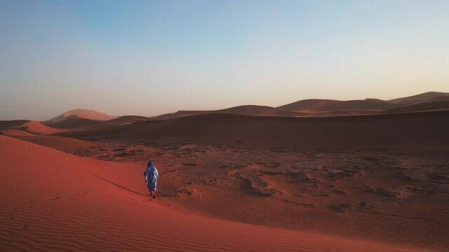 arabian berber man walking on sand dune in desert in north africa