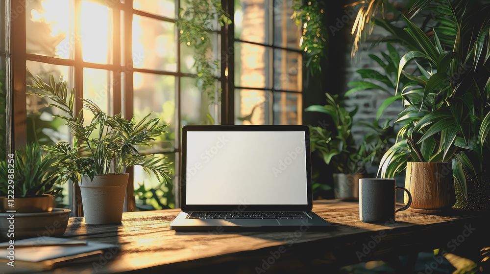 Aufkleber laptop computer placed on a wooden desk with natural light illuminating the workspace and creating a