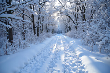 Snow-covered mountain pass with fresh tracks through icy trees