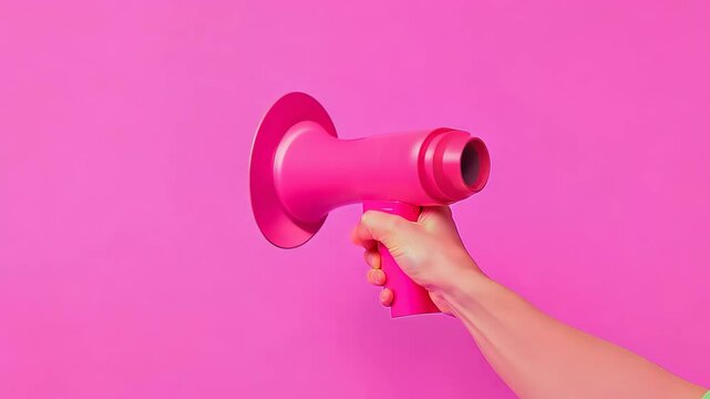 Bright Pink Megaphone in Hand Against Vibrant Pink Background