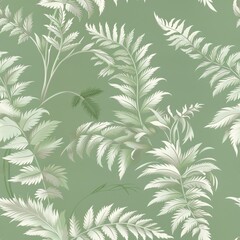 Delicate Fern Fronds Seamless Pattern, Botanical Illustration, Soft Light Green Background