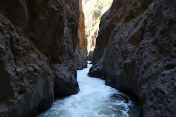 Narrow mountain gorge with sunlight on rushing river