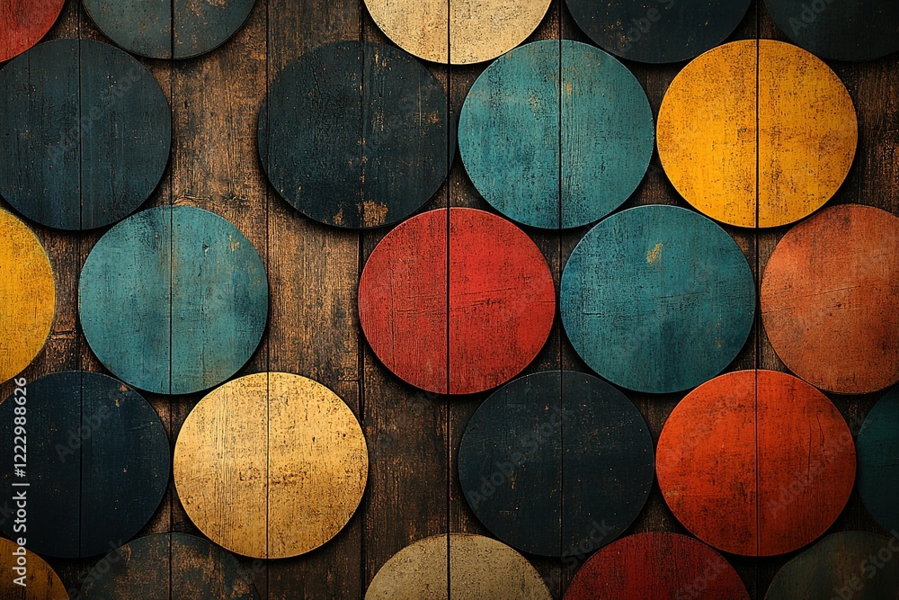Poster colorful wooden circles arranged on a dark wood background creating a visually appealing pattern