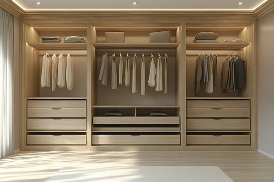 A modern light wood walk-in closet with ample storage space neatly organized clothing and drawers