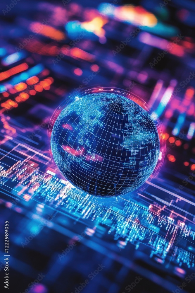 Poster globe, digital technology and futuristic data visualization with vibrant colors. global connectivity