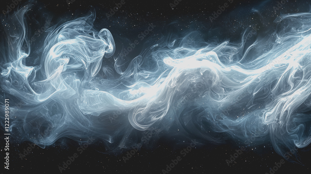 Poster blue and white smoke swirls in the air creating abstract patterns and shapes against a dark backgrou