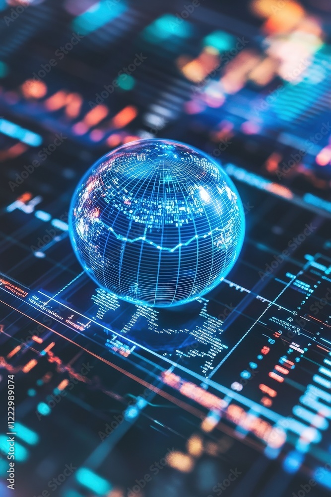 Poster globe in focus on digital financial data screens with vibrant graphs and charts representing global 