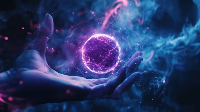Hand, glowing purple orb and cosmic energy in a mystical scene representing power, technology, and the universe in a futuristic context. Fantasy and science.