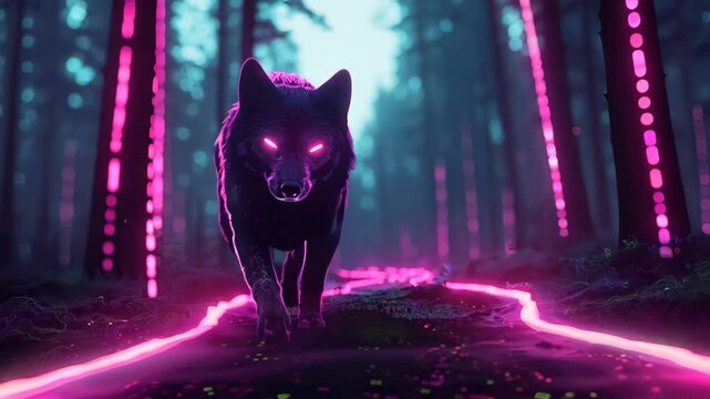 Mysterious glowing wolf walking in neon-lit enchanted forest