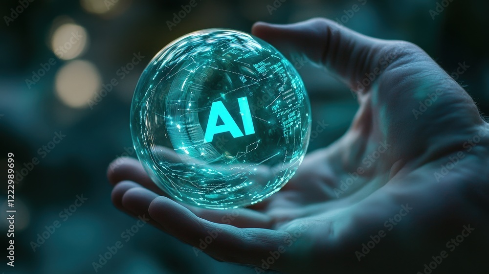 Poster hand holding a glowing orb with ai text, representing artificial intelligence technology, innovation