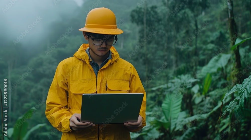 Aufkleber scientist utilizing laptop in misty rainforest environment for field research and data analysis